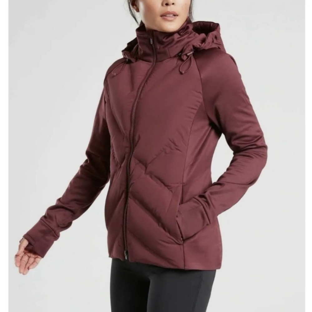 Athleta Inlet Jacket Down Puffer Full Zip Hooded Jacket Antique Burgundy Size M